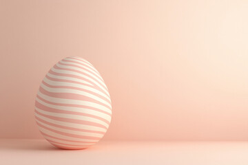 A soft peach background featuring a large Easter egg decorated with subtle pink and white stripes. The smooth, glossy texture and minimalistic design give a sophisticated, elegant vibe