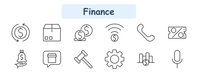 Finance set icon. Money exchange, package, coins, digital payment, call, discount, savings, auction, investment, statistics, economy, microphone.