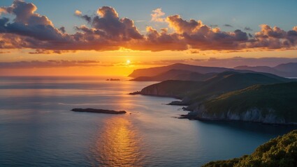 Fototapeta premium Tranquil Coastal Sunset Over Serene Island Landscape with Vibrant Orange and Blue Skies