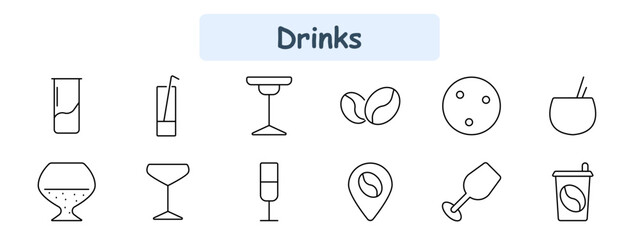 Drinks set icon. Tall glass, cocktail, wine glass, coffee beans, soft drink, liquor, champagne, coffee shop, bar location, drink with straw, takeaway coffee.