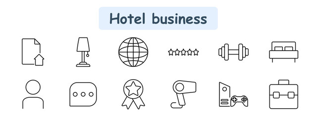 Fototapeta premium Hotel business set icon. Document, table lamp, globe, star rating, dumbbell, bed, user, chat, award, hairdryer, gaming console, suitcase.