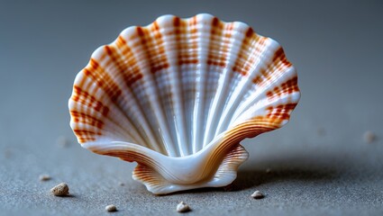 Scallop seashell close-up with intricate patterns and textures showcasing nature's beauty against a soft background in macro photography.