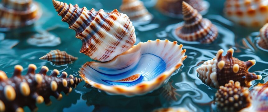 Colorful sea shells floating in water surrounded by various cone-shaped shells, showcasing intricate patterns and textures in a vibrant macro perspective.