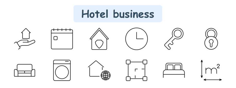 Hotel business set icon. House rental, calendar, security, clock, key, padlock, sofa, laundry, global housing, room size, bed, square meter.