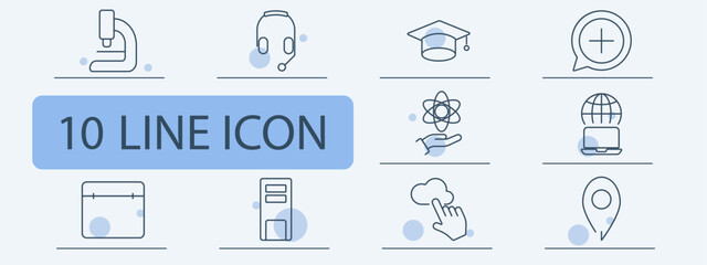 Technology and education set icon. Microscope, headset, graduation cap, positive feedback, atom in hand, global laptop, calendar, server, cloud storage, location pin.