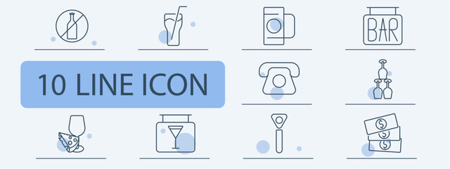 Bar and drinks set icon. No alcohol, cocktail, coffee cup, bar sign, telephone, champagne tower, wine and cheese, martini glass, bottle opener, money stack.