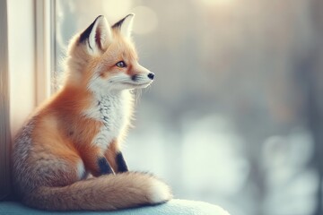 Obraz premium Charming young fox sitting by the window, warmly illuminated in soft morning light