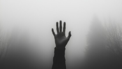 Hand Reaching Out in Misty Forest