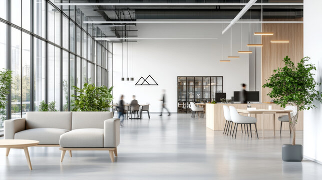 Modern office interior with open space, plants, and furniture