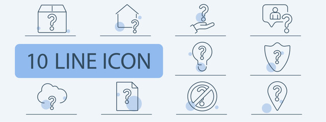 Questions and uncertainty set icon. Mystery box, unknown house, decision, identity, security, cloud doubt, document, problem-solving, restriction, location.