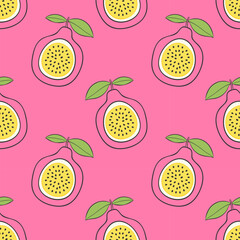 Bright exotic pattern of passion fruit. Tropical vibe. Drawing of stylized fruits on rich pink background.