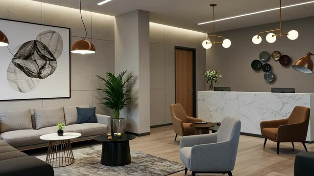 A modern reception area with stylish furniture, warm lighting, and plants, creating a comfortable, inviting atmosphere.