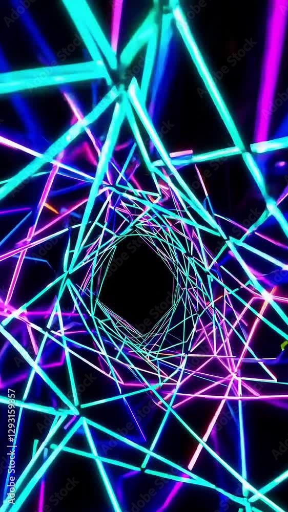 Poster dynamic neon tunnel with vivid geometric patterns and pulsating light effects