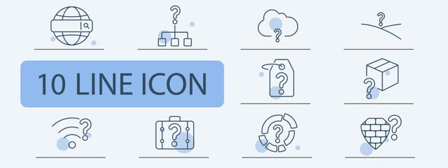 Mystery set icon. Global search, unknown hierarchy, cloud uncertainty, decision crossroad, unidentified tag, mystery package, weak signal, secret suitcase, unknown data, security doubt.