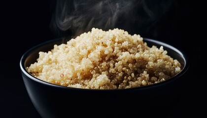 Steaming Quinoa in a Black Bowl on Dark Background