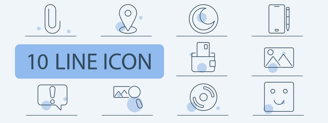 Naklejka premium Digital tools set icon. Paperclip, location pin, moon, digital pen, smartphone wallet, image, warning message, user presentation, compact disc, emoticon.