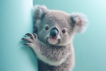 Fototapeta premium Cute koala clings to a pastel blue wall in a close-up view showcasing its furry texture and inquisitive expression