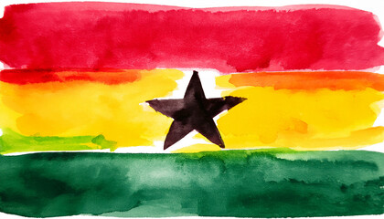 Watercolor painting of Ghana national flag. West Africa. Independence day. Hand drawn art.
