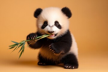 Fototapeta premium Cute panda cub enjoys munching on bamboo against a warm background