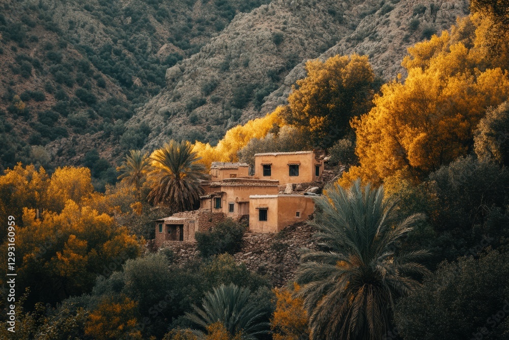 Poster rustic village nestled in vibrant autumn foliage with mountains in the background during golden hour