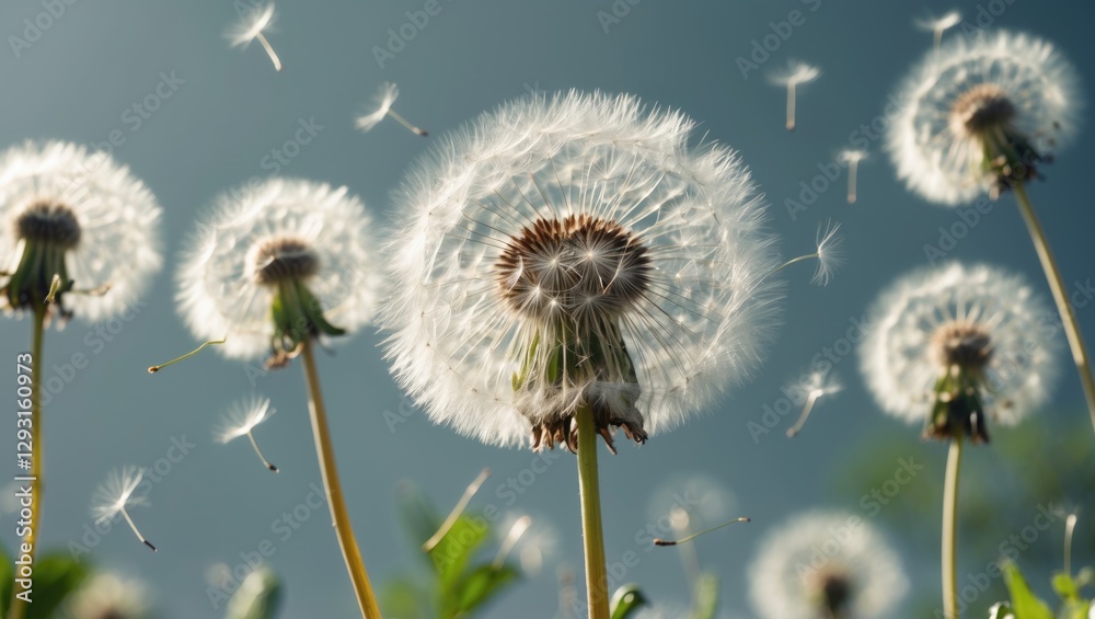 Wall mural fluffy dandelions in bright sunlight with floating seeds and open space for text