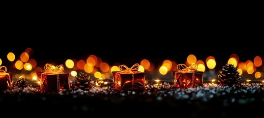 A festive display of glowing lights, sparkling snow, and beautifully wrapped presents, creating a warm holiday atmosphere.