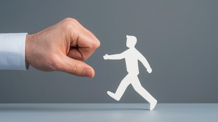 Obraz premium Stylized Human Figure Walking Away From a Large Hand on Grey Background