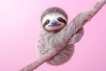Cute sloth hanging on a branch with a playful expression against a pink background