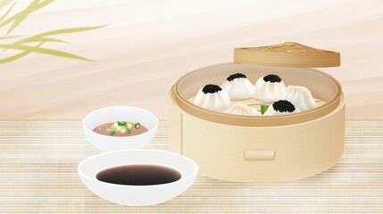 Delicate Dim Sum Steamed in Bamboo Steamer with Exquisite Sauce