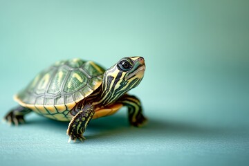 Obraz premium Colorful turtle exploring a smooth surface in a calm indoor environment during natural light