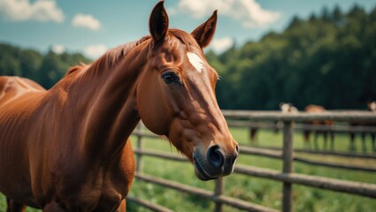 Fototapeta premium Close-up of a brown horse in a pasture looking into the frame with vibrant greenery and a wooden fence, ideal for livestock breeding concepts.