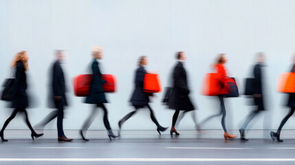 Blurred motion of business people walking with red bags, showcasing urban life and movement. image captures hustle and bustle of city environment