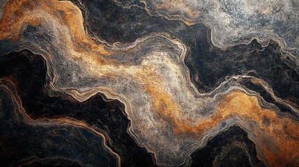 Abstract swirling marble texture with earthy tones of gold, black, and gray