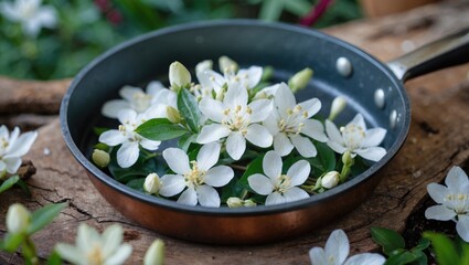 Fresh Jasmine Flowers Arranged Elegantly in a Copper Pan Surrounded by Greenery and Delicate Blossoms.