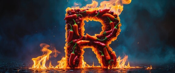 Hot pepper letter R surrounded by flames in a dramatic smoky background showcasing a fiery and spicy theme for branding or design.
