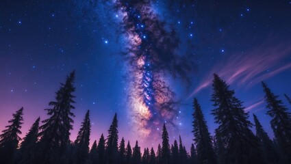 Fototapeta premium Milky Way Galaxy Illuminating Night Sky Over Silhouetted Trees Ideal for Text Overlay and Starry Background Designs