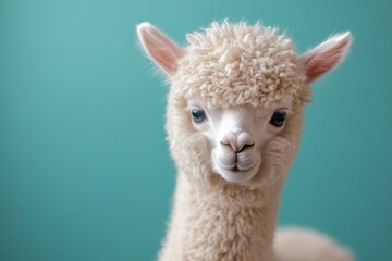 Obraz premium Cute white alpaca poses against a teal background showcasing its fluffy coat and gentle expression in a cozy setting