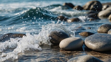 Obraz premium Waves Gently Breaking Over Smooth Stones In Sunlight With Room For Text Overlay
