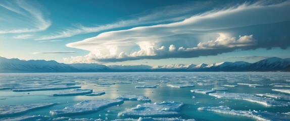 Fototapeta premium Icy winter landscape over frozen sea with layered clouds and snow-capped mountains in the distance, showcasing the beauty of Siberian nature