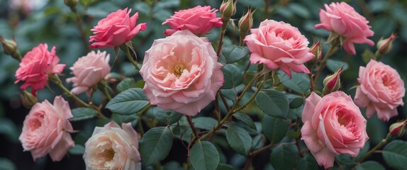 Pink Rugosa Roses In Full Bloom With Lush Green Leaves And Soft Background Space For Textual Overlay