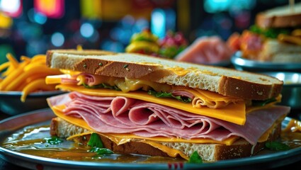 Delicious ham and cheese sandwich with fresh ingredients served in a vibrant street food setting in Thailand