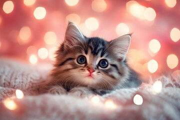 Cute fluffy kitten resting on a cozy blanket surrounded by warm, soft lights during the evening
