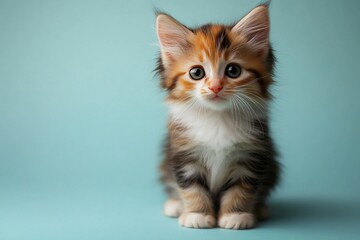 Obraz premium Playful calico kitten explores a soft blue background with curious eyes and fluffy fur