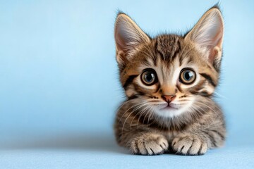 Obraz premium Cute tabby kitten with big eyes resting on soft blue background while looking curiously at the camera