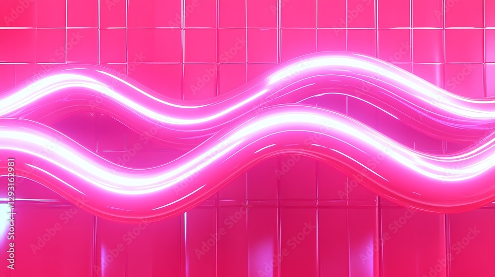 Poster abstract neon waves on a bright pink background with soft light reflection and grid pattern