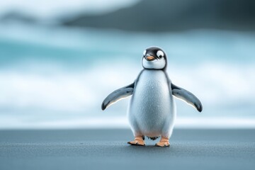 Fototapeta premium Charming penguin chick standing on a beach near the ocean on a sunny day