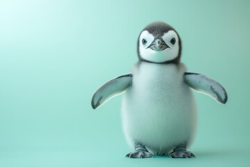 Cute baby penguin stands with wings slightly outstretched on a mint green background in a playful pose