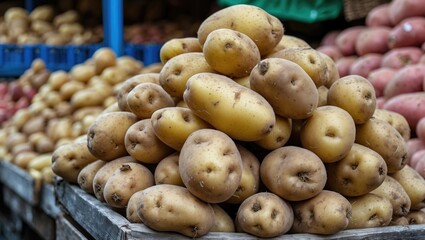 Freshly harvested golden potatoes stacked in a market display showcasing agricultural produce for sale.