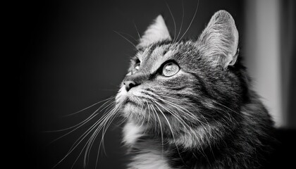 Black and White Photography Mysterious Cat Gazing Upward, Captured in High Contrast Monochrome, Emanating a Haunting Grace and Serene Elegance.