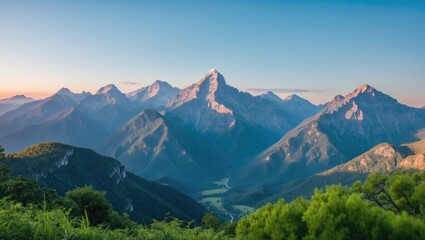 Fototapeta premium Majestic Mountain Landscape with Clear Skies and Lush Greenery Showcasing Nature's Beauty and Tranquility in Daylight